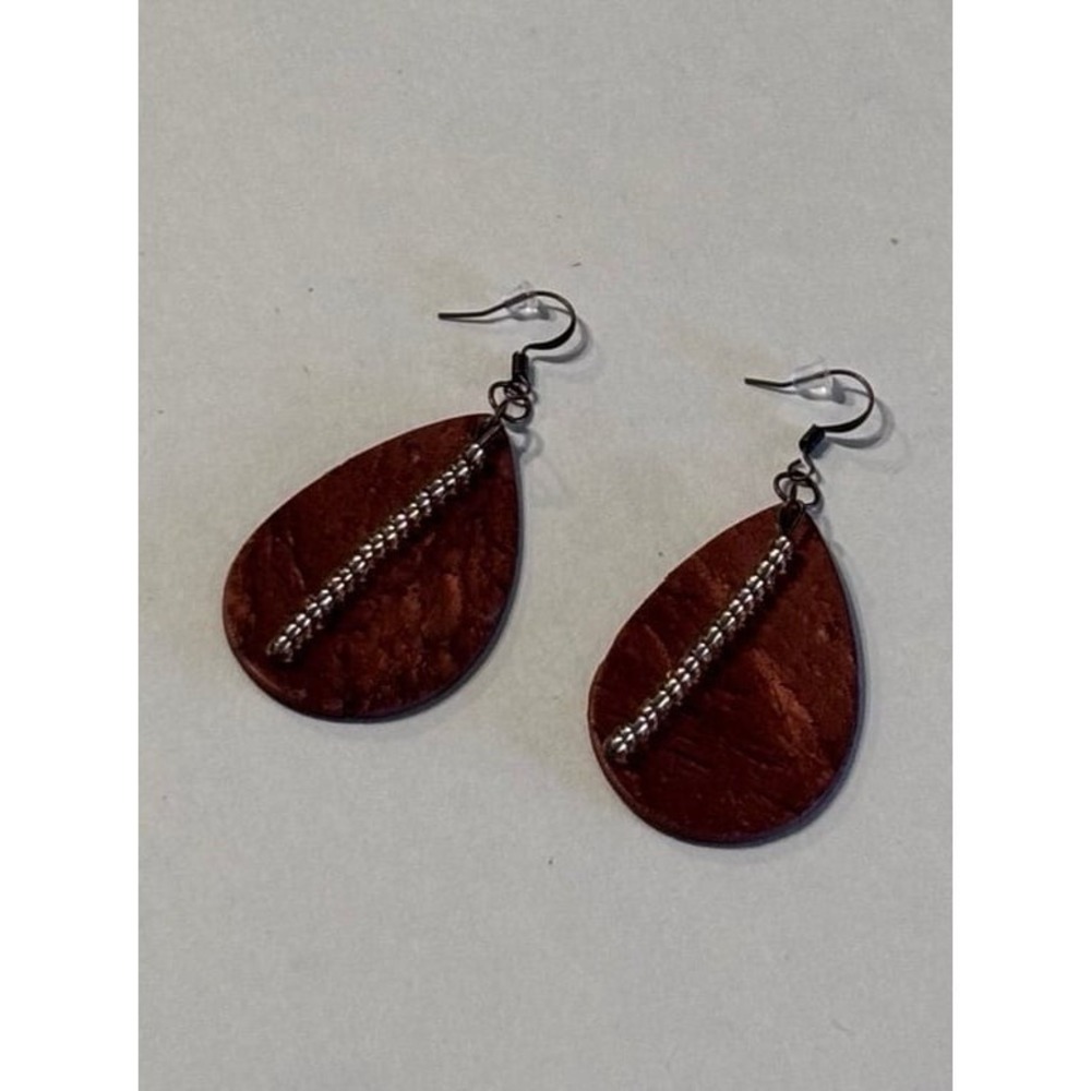 Handmade polymer clay Teardrop dangle Earrings beaded‎ brown neutral rustic
